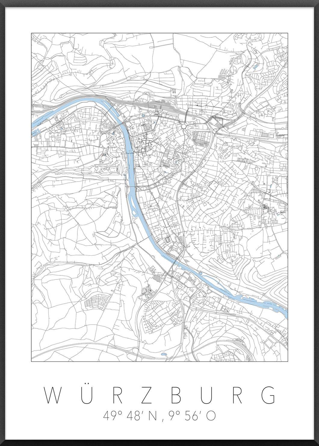 Würzburg Poster Stadtplan/Straßennetz (weiß)