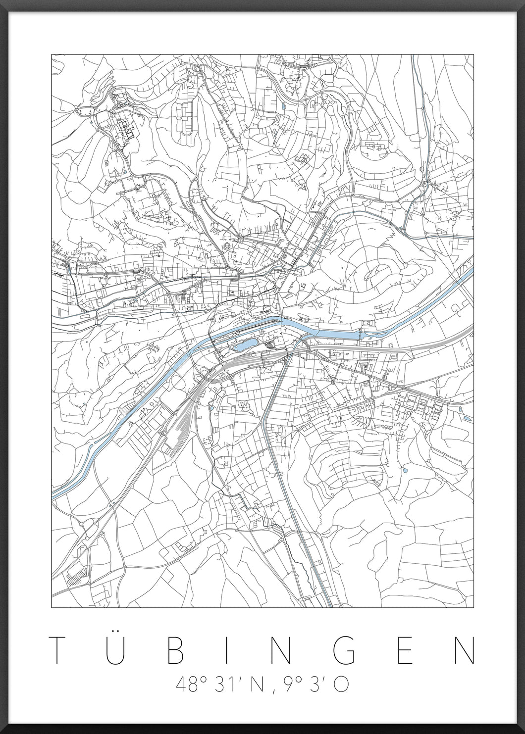 Tübingen Poster Stadtplan/Straßennetz (weiß)