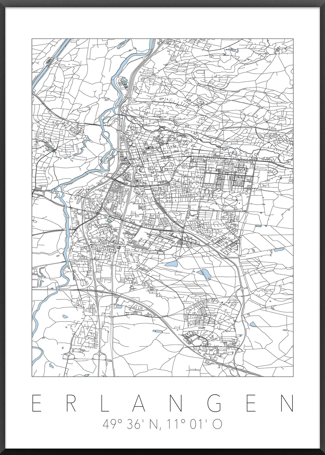 Erlangen Poster Stadtplan/Straßennetz (weiß)