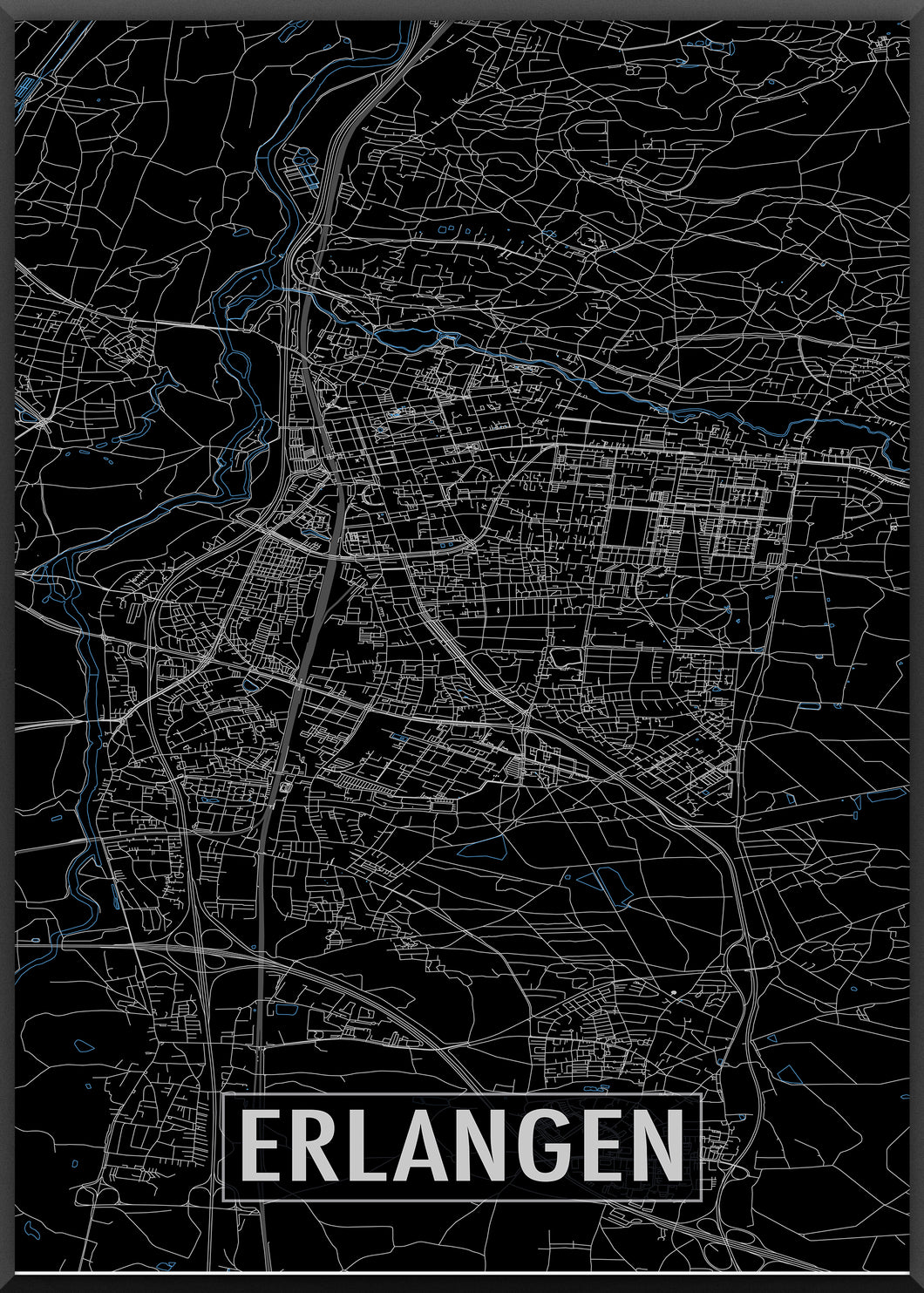 Erlangen Poster Stadtplan/Straßennetz (schwarz)