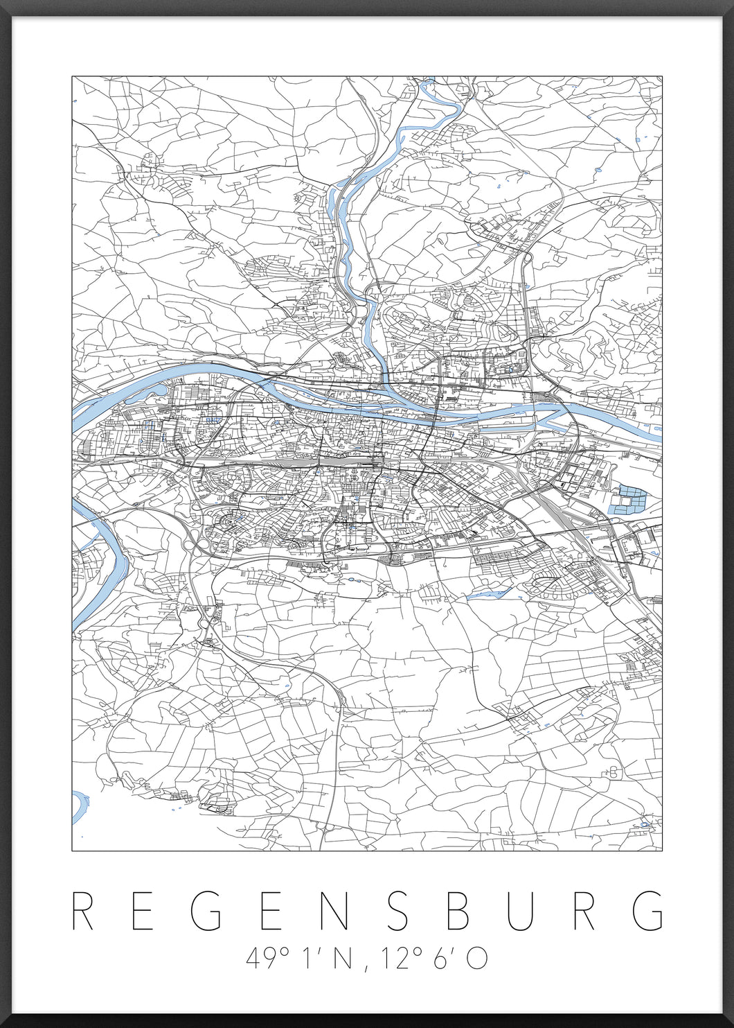Regensburg Poster Stadtplan/Straßennetz (weiß)