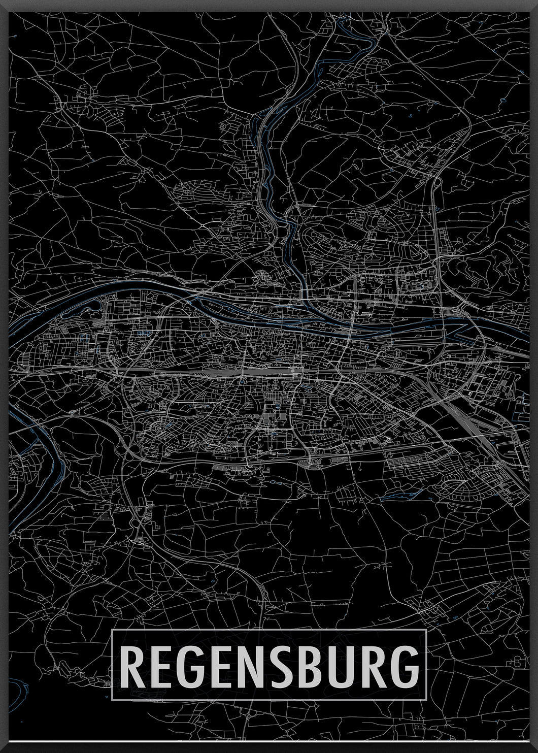 Regensburg Poster Stadtplan/Straßennetz (schwarz)